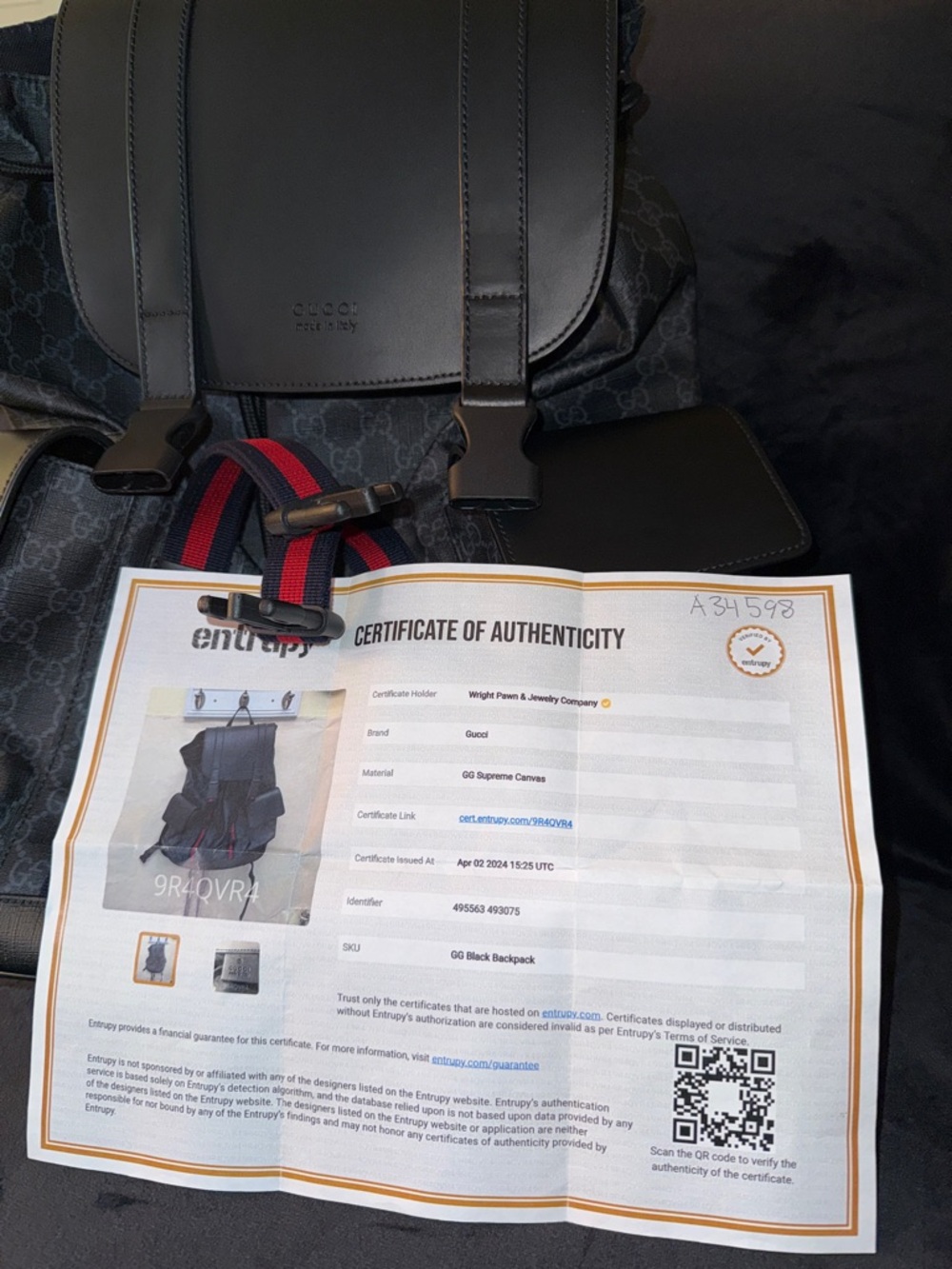 Gucci Black GG Supreme Backpack with Red and Blue Web Stripes - Picture 2 of 12